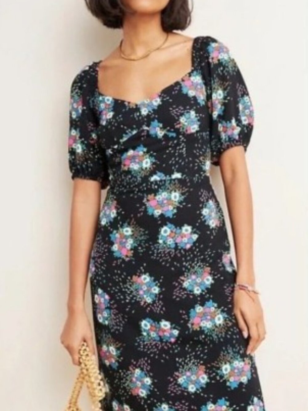 Anthropologie Black Floral Puff-Sleeve Midi Dress